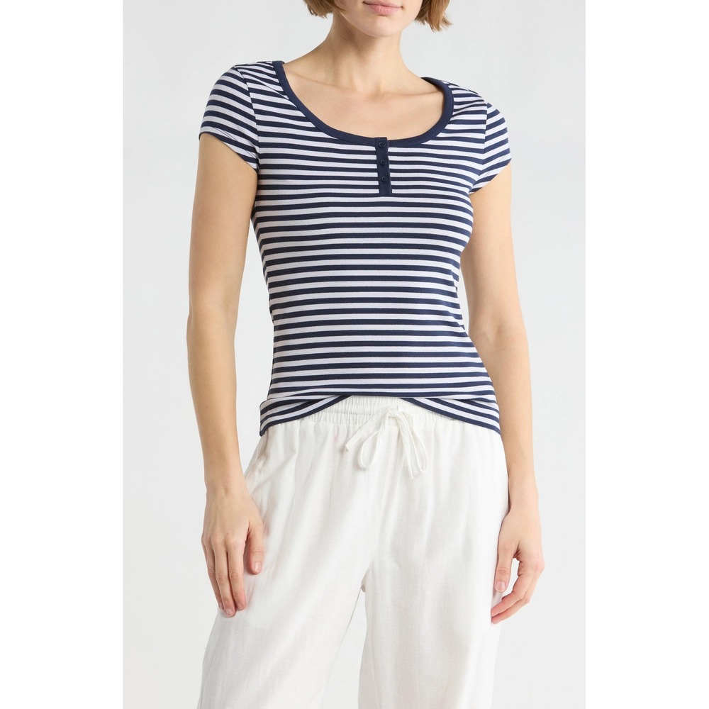 NWT Abound Short Sleeve Henley T-Shirt in black & white stripe colorway Size XL